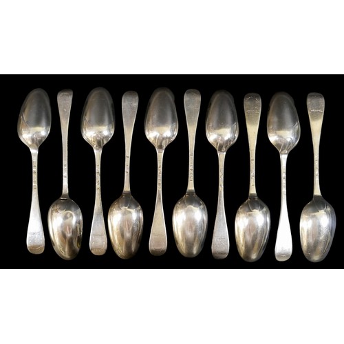 17 - Nine George ll Scottish sliver table spoons, Hugh Gordon, Edinburgh 1750/51, together with a similar... 