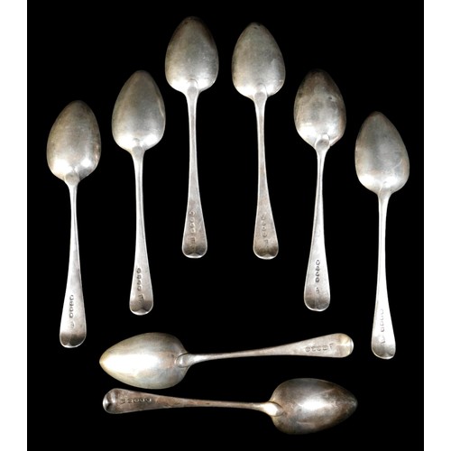 5 - A group of eight George III silver dessert spoons, engraved terminals with initials GC, Richard Cros... 