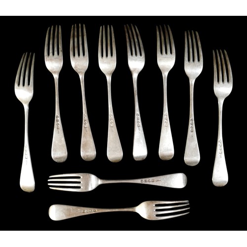 8 - A group of ten Victorian silver forks, terminals engraved with the initial G, GA (possibly George Ad... 