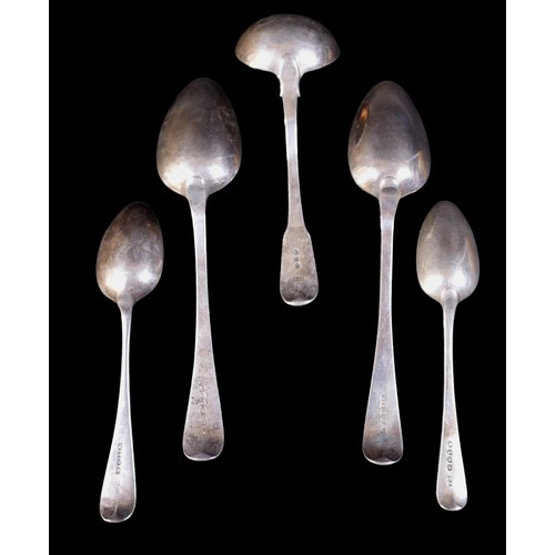 39 - A group of five silver spoons, comprising two large serving spoons S.B / I.B, London 1814, small sil... 