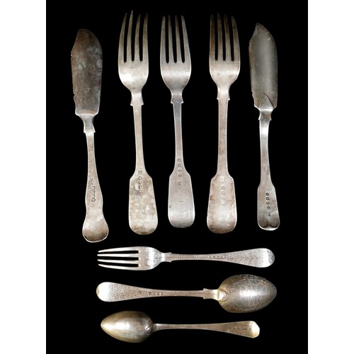 11 - A group of assorted silver cutlery, including three forks, London 1871, two Victorian silver fish kn... 