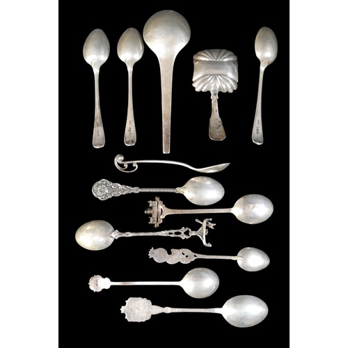 24 - A small collection of silver teaspoons, comprising two Georg Jensen Danish silver teaspoons, one pla... 