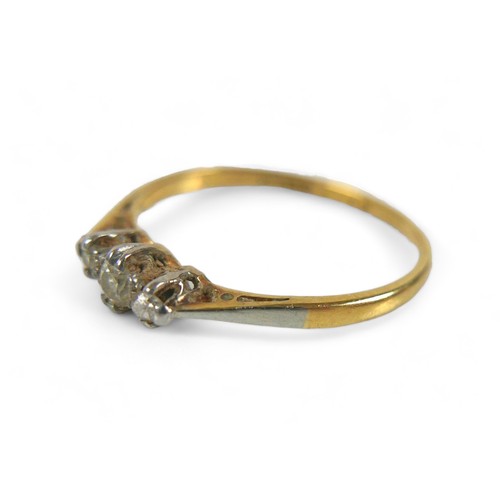 71 - An 18ct gold and diamond three stone ring, maker RK & T, size O.