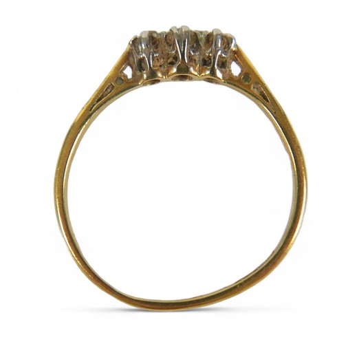 71 - An 18ct gold and diamond three stone ring, maker RK & T, size O.