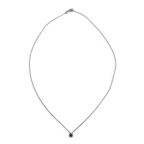 53 - A 9ct white gold thin chain, marked 375, together with a circular diamond set pendant with pink ston... 