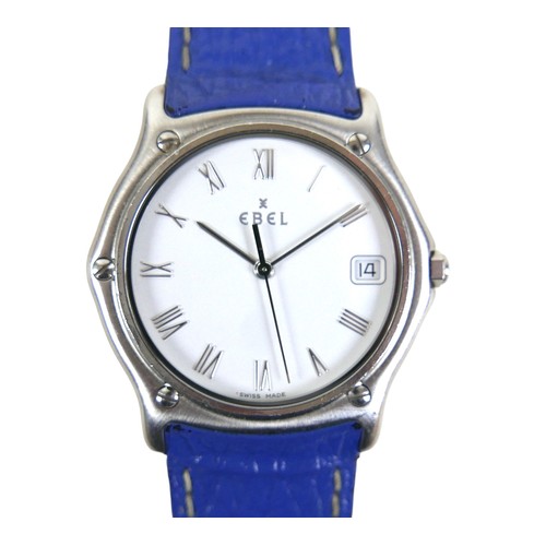 110 - An Ebel Sport Classique stainless steel quartz wristwatch, on a blue leather strap, 34mm case, with ... 