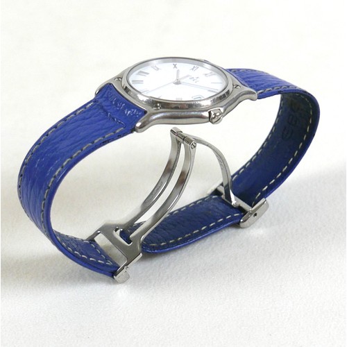 110 - An Ebel Sport Classique stainless steel quartz wristwatch, on a blue leather strap, 34mm case, with ... 