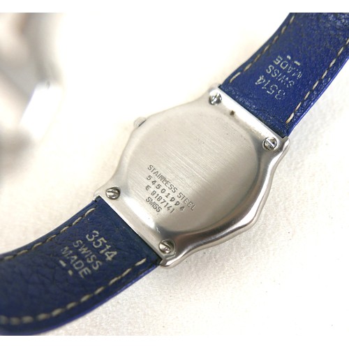 110 - An Ebel Sport Classique stainless steel quartz wristwatch, on a blue leather strap, 34mm case, with ... 