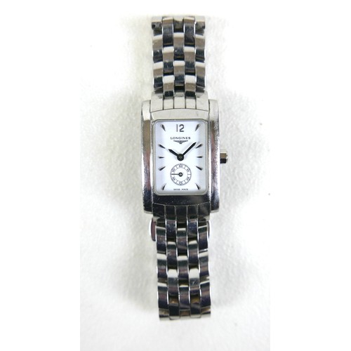 97 - A Longines stainless steel lady's wristwatch, white rectangular dial with baton markers, Arabic 12 a... 