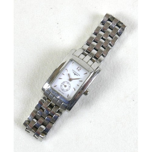 97 - A Longines stainless steel lady's wristwatch, white rectangular dial with baton markers, Arabic 12 a... 