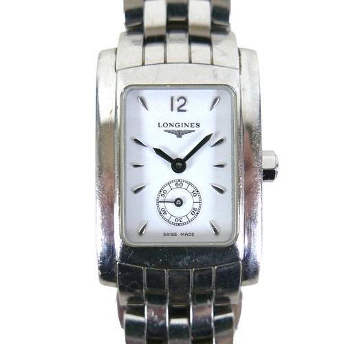 97 - A Longines stainless steel lady's wristwatch, white rectangular dial with baton markers, Arabic 12 a... 