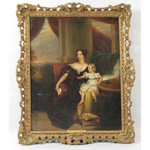 Hermann Fidel Winterhalter (German, 1808-1891): a full length portrait of a lady and daughter, in a classical style pose, oil on canvas, signed lower right, 46 by 36cm, in a pierced gilt composition frame, 56 by 47cm.