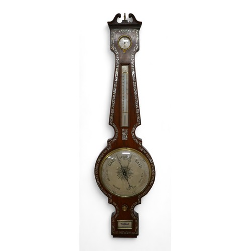 343 - A Regency mother of pearl inlaid rosewood barometer, with hydrometer above thermometer and dial, sig... 