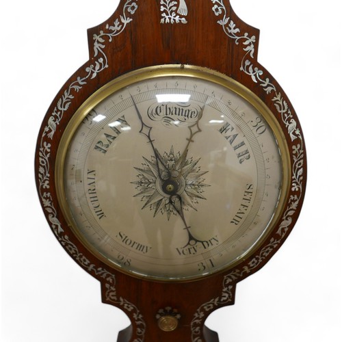 343 - A Regency mother of pearl inlaid rosewood barometer, with hydrometer above thermometer and dial, sig... 