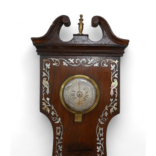 343 - A Regency mother of pearl inlaid rosewood barometer, with hydrometer above thermometer and dial, sig... 