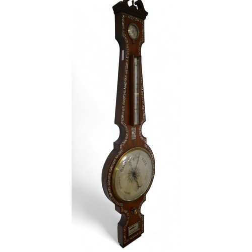 343 - A Regency mother of pearl inlaid rosewood barometer, with hydrometer above thermometer and dial, sig... 