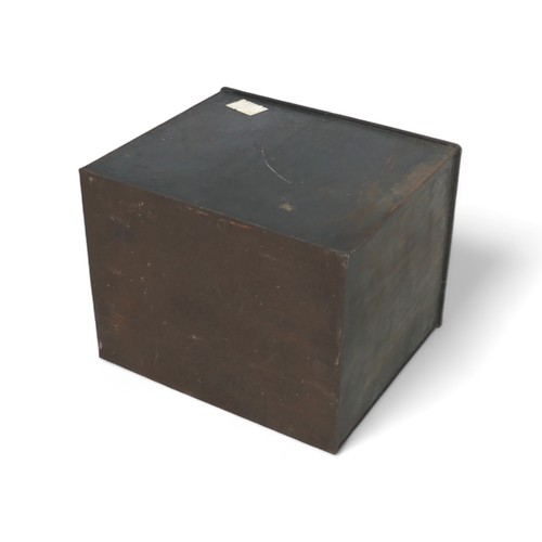 386 - A black painted strong box, missing its key, 46 by 55 by 43cm high.