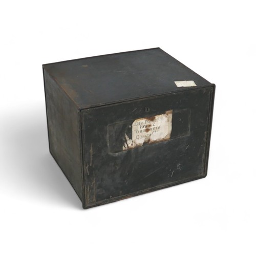 386 - A black painted strong box, missing its key, 46 by 55 by 43cm high.