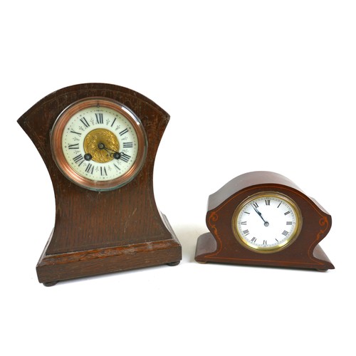 340 - Two Edwardian mahogany mantel clocks, 14cm and 27cm tall, neither working. (2)