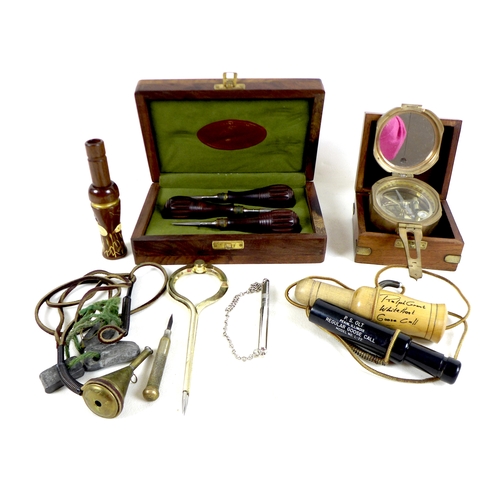 349 - A collection of shooting / hunting items, including a Whitefront Goose Call by Ralph Grant, Gunsmith... 