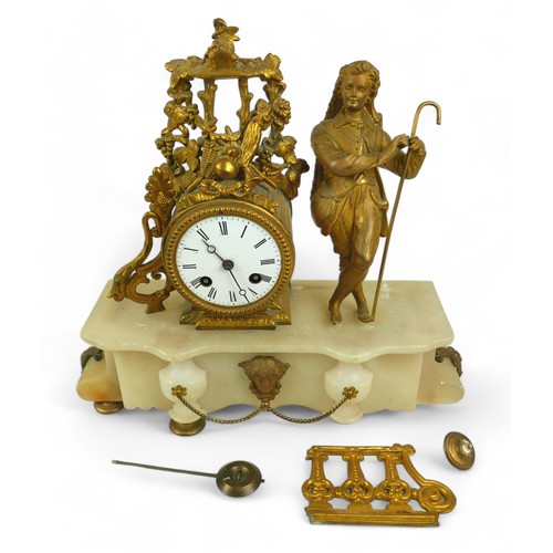 342 - A 19th century ormolu and white marble figural mantel clock, for restoration. 35 by 12 by 34cm high.