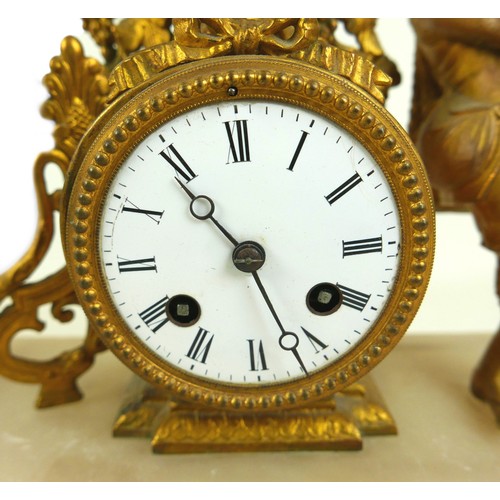 342 - A 19th century ormolu and white marble figural mantel clock, for restoration. 35 by 12 by 34cm high.