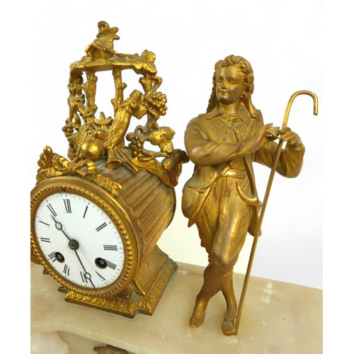 342 - A 19th century ormolu and white marble figural mantel clock, for restoration. 35 by 12 by 34cm high.