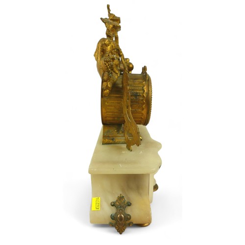 342 - A 19th century ormolu and white marble figural mantel clock, for restoration. 35 by 12 by 34cm high.