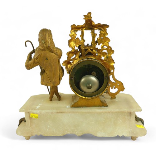 342 - A 19th century ormolu and white marble figural mantel clock, for restoration. 35 by 12 by 34cm high.