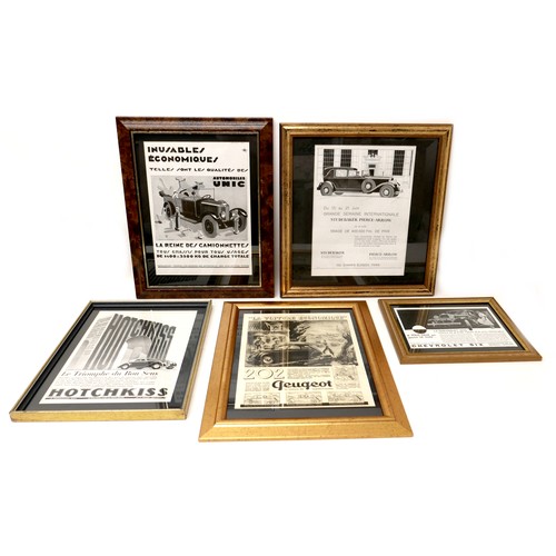 396 - Motoring interest: a group of five 1930s framed black and white French motoring advertising prints. ... 