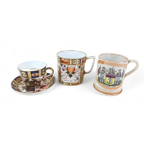 206 - A Crown Derby Imari palette tankard, an Imari palette moustache cup and saucer, and a maritime frog ... 