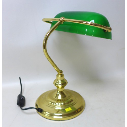 389 - A modern brass bankers desk lamp, with green glass shade, 26 by 26 by 33cm high.