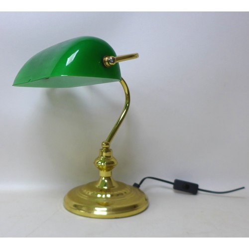 389 - A modern brass bankers desk lamp, with green glass shade, 26 by 26 by 33cm high.