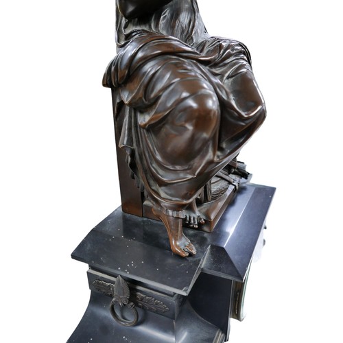 346 - A Victorian bronze and black marble mantel clock, with large bronze figural surmount modelled as Dia... 