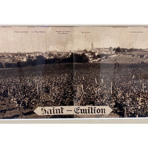 404 - A large framed vintage print of the Saint-Emilion vineyard in France, 54 by 130cm.