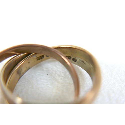 116 - Three gold rings comprising a 9ct gold triple band tri-colour Russian wedding ring, 4.4g, size J, an... 