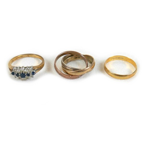 116 - Three gold rings comprising a 9ct gold triple band tri-colour Russian wedding ring, 4.4g, size J, an... 