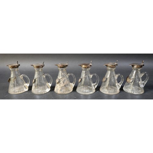 37 - A set of six matching silver top glass whisky noggins, with matching labels, all S Blanckensee & Son... 