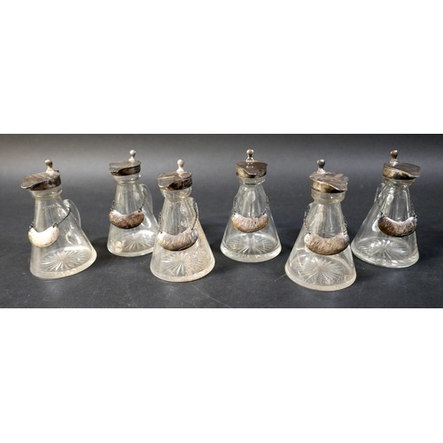 37 - A set of six matching silver top glass whisky noggins, with matching labels, all S Blanckensee & Son... 