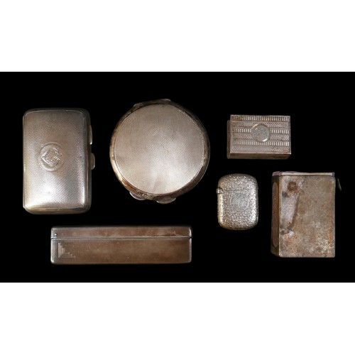 20 - Six silver items, comprising silver cigarette case, a vesta, two match covers and a comb case, total... 