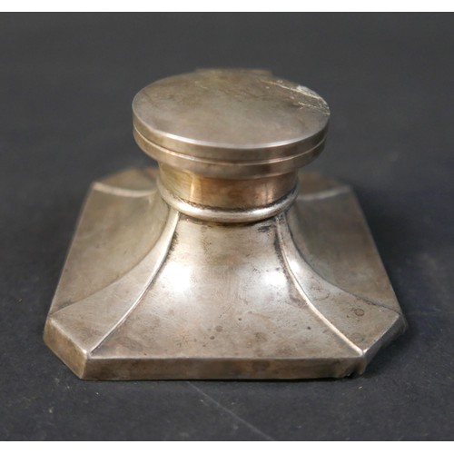 15 - Three silver items, comprising, a desk box, inkwell, and vase all with weighted bases. Vase 8 by 20c... 