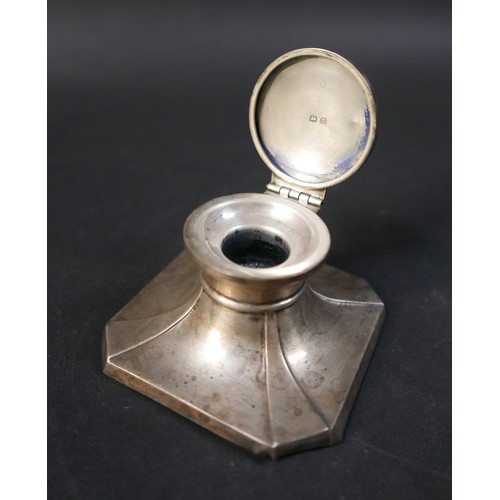 15 - Three silver items, comprising, a desk box, inkwell, and vase all with weighted bases. Vase 8 by 20c... 