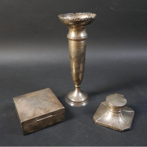 15 - Three silver items, comprising, a desk box, inkwell, and vase all with weighted bases. Vase 8 by 20c... 