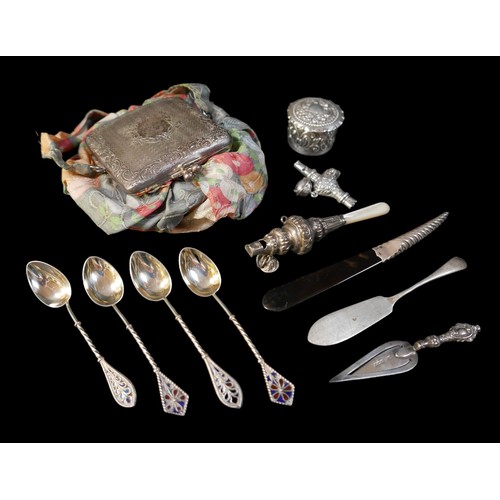 26 - Eleven items of silver, comprising four plique a jour spoons, a page mark, two rattles, a pot , lett... 