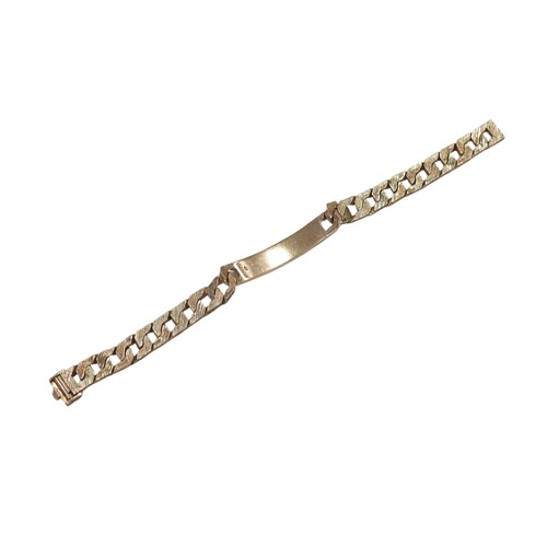 59 - A 9ct gold flat weave identity bracelet, with blank name plate, 29.8g, 19.2cm long.