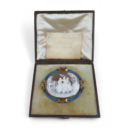 135 - A well carved gilt metal and enamel cameo brooch, with three ladies in a countryside scene, 5.5 by 1... 