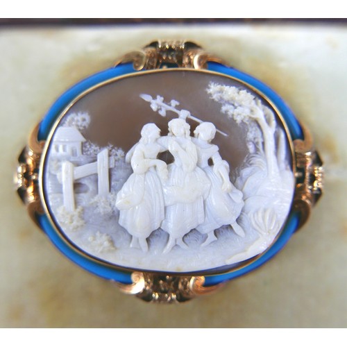 135 - A well carved gilt metal and enamel cameo brooch, with three ladies in a countryside scene, 5.5 by 1... 