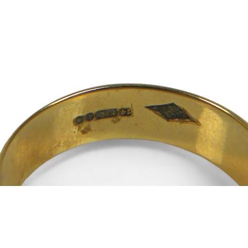 111 - A 14ct yellow gold band ring, size U, 4.4g, band depth 6mm.