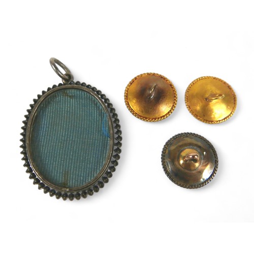 84 - Three petra dura gilt metal buttons and a white metal pendant, pendant 26 by 5 by 40mm, boxed.