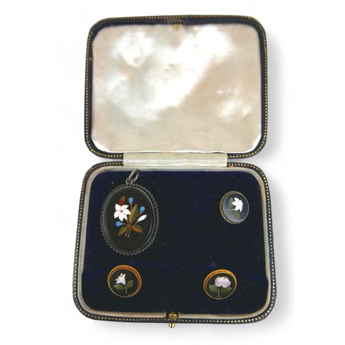 84 - Three petra dura gilt metal buttons and a white metal pendant, pendant 26 by 5 by 40mm, boxed.